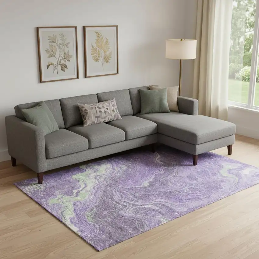 Purple Mint Green And Ivory Abstract Washable Area Rug With UV Protection Photo 2