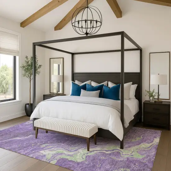 Purple Mint Green And Ivory Abstract Washable Area Rug With UV Protection Photo 4