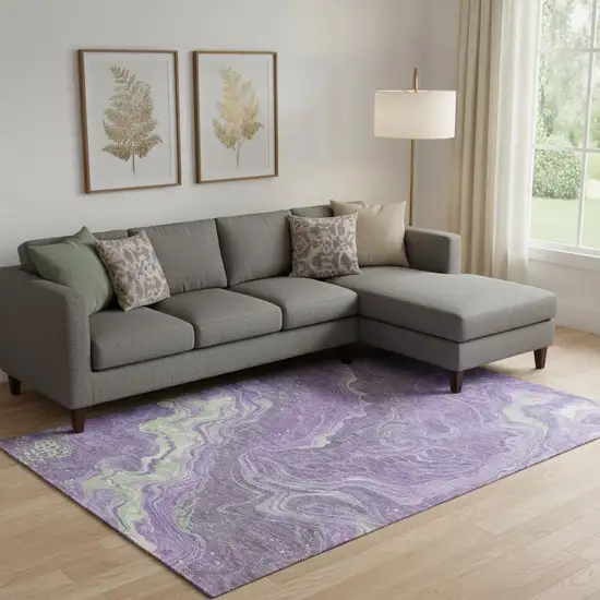 Purple Mint Green And Ivory Abstract Washable Area Rug With UV Protection Photo 2