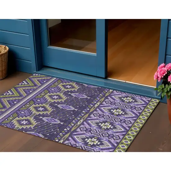 Purple Olive Green And Ivory Aztec Washable Indoor Outdoor Area Rug Photo 2