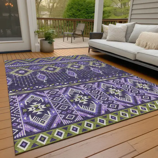 Purple Olive Green And Ivory Aztec Washable Indoor Outdoor Area Rug Photo 8