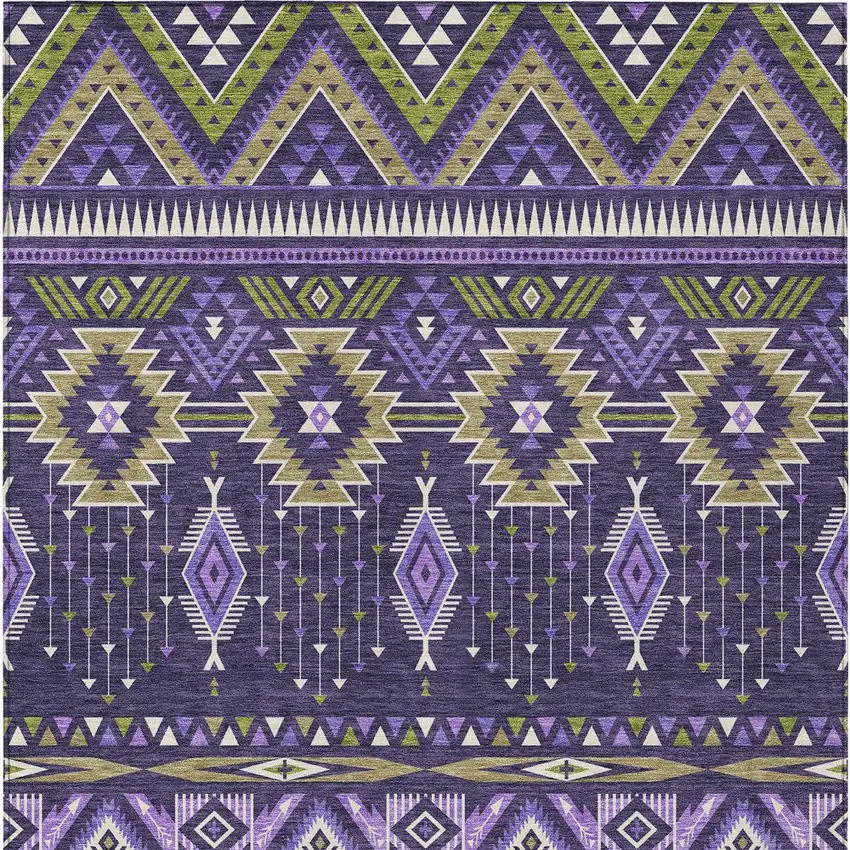 Purple Olive Green And Ivory Aztec Washable Indoor Outdoor Area Rug Photo 9
