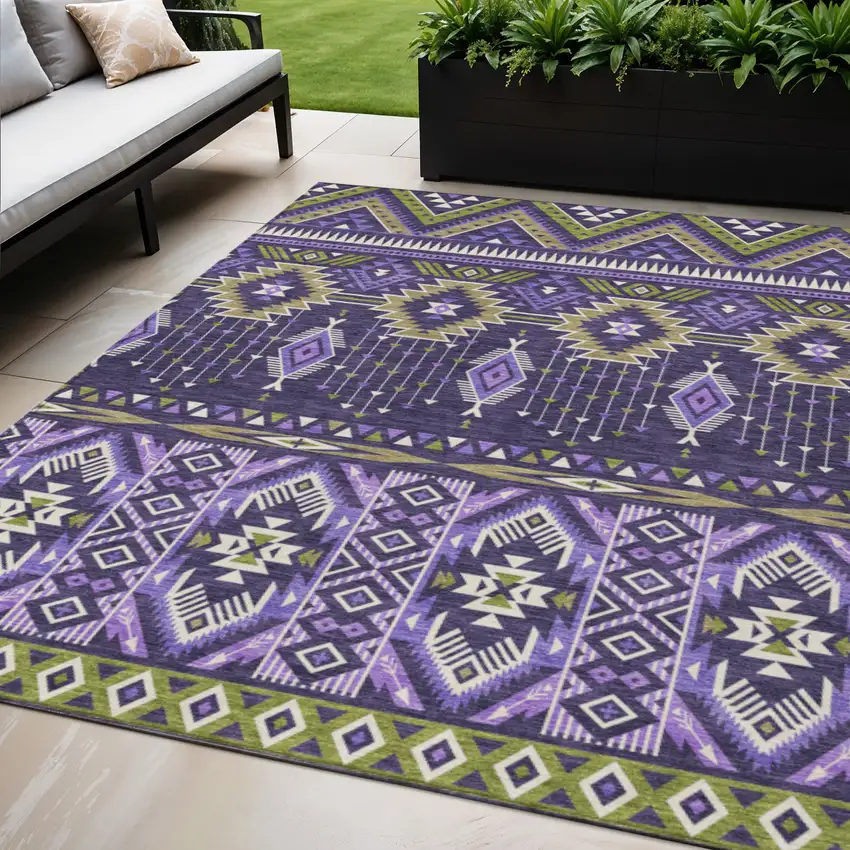 Purple Olive Green And Ivory Aztec Washable Indoor Outdoor Area Rug Photo 2