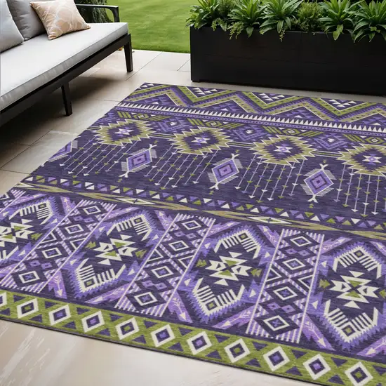 Purple Olive Green And Ivory Aztec Washable Indoor Outdoor Area Rug Photo 2