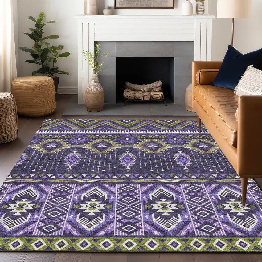 Purple Olive Green And Ivory Aztec Washable Indoor Outdoor Area Rug Photo 6
