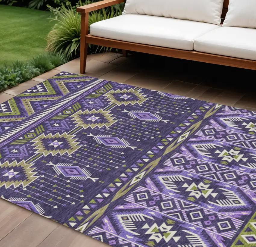 Purple Olive Green And Ivory Aztec Washable Indoor Outdoor Area Rug Photo 2