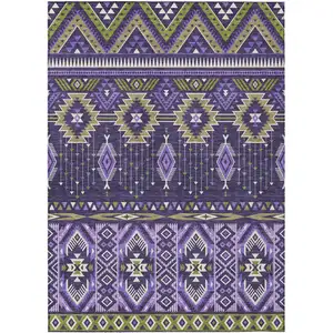 Photo of Purple Olive Green And Ivory Aztec Washable Indoor Outdoor Area Rug