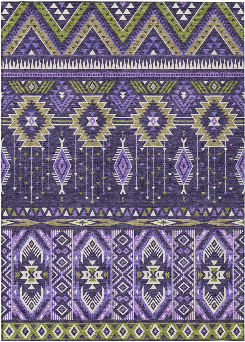 Purple Olive Green And Ivory Aztec Washable Indoor Outdoor Area Rug Photo 1