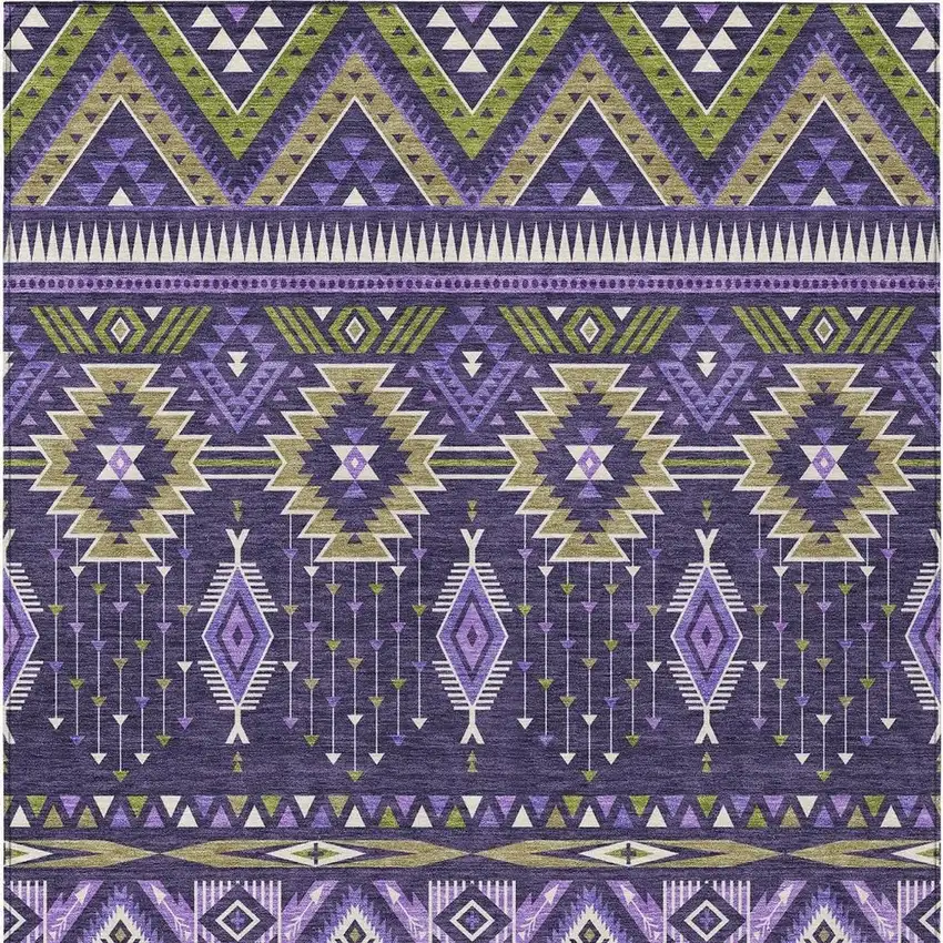 Purple Olive Green And Ivory Aztec Washable Indoor Outdoor Area Rug Photo 3
