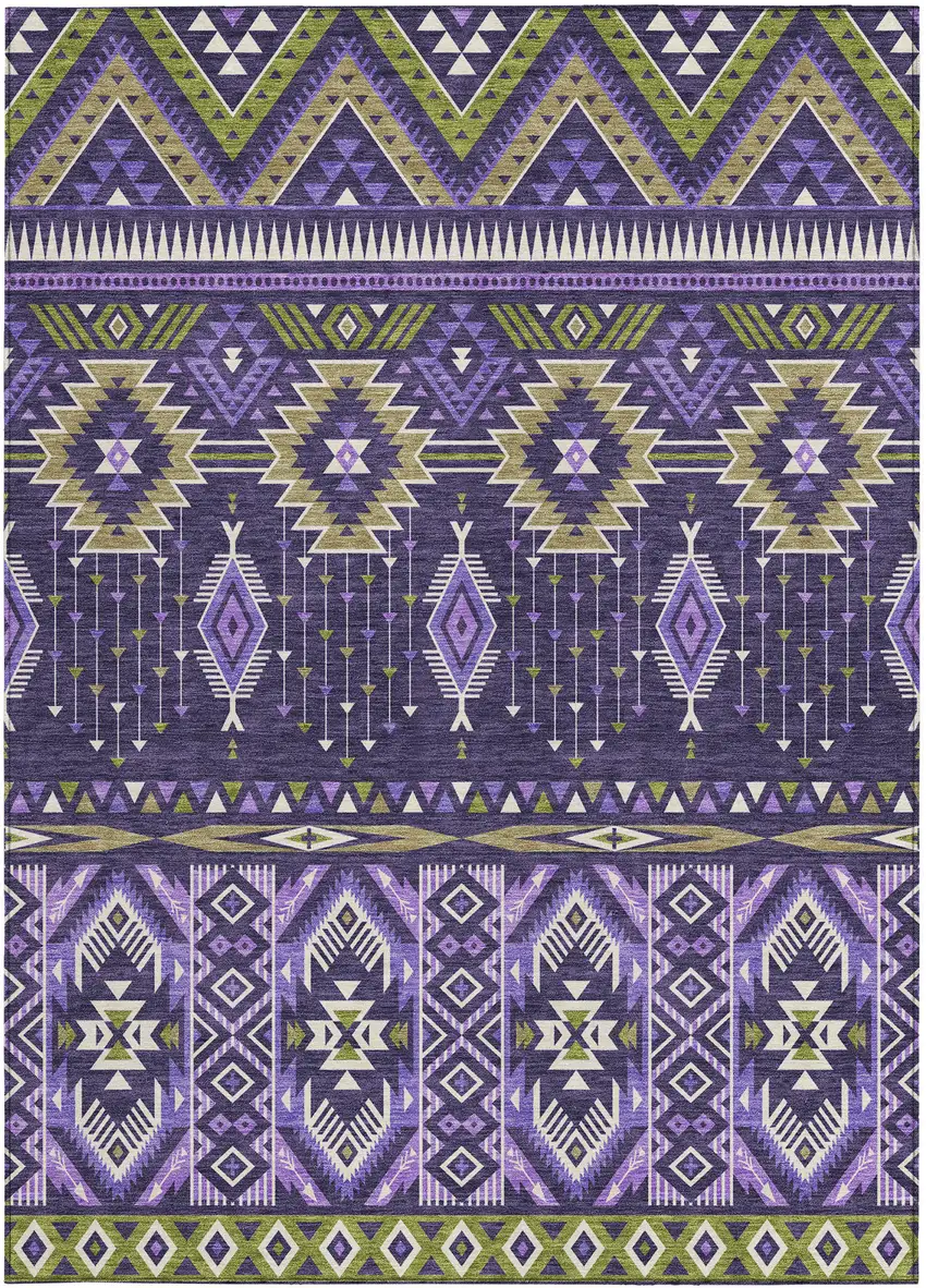 Purple Olive Green And Ivory Aztec Washable Indoor Outdoor Area Rug Photo 4
