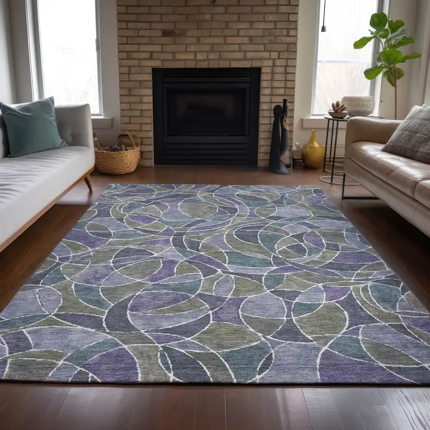 Purple Olive Green And Plum Geometric Washable Indoor Outdoor Area Rug Photo 6
