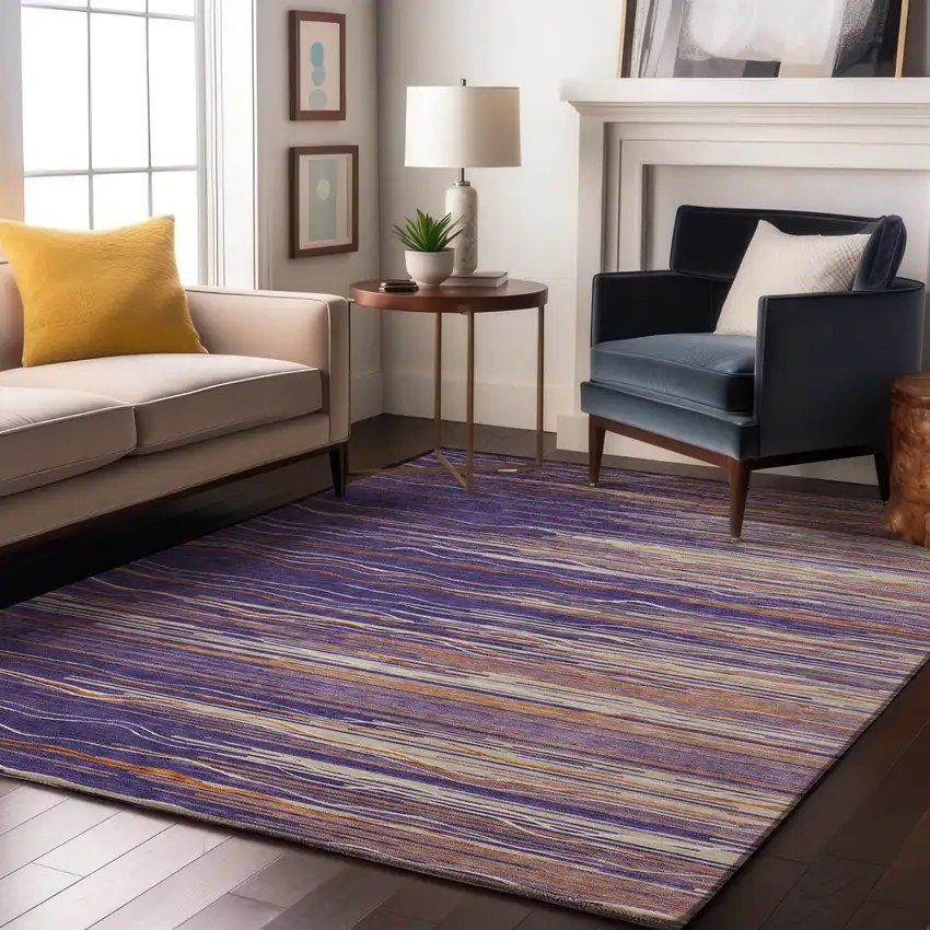 Purple Orange And Ivory Striped Washable Area Rug With UV Protection Photo 4