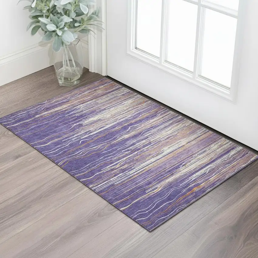 Purple Orange And Ivory Striped Washable Area Rug With UV Protection Photo 2