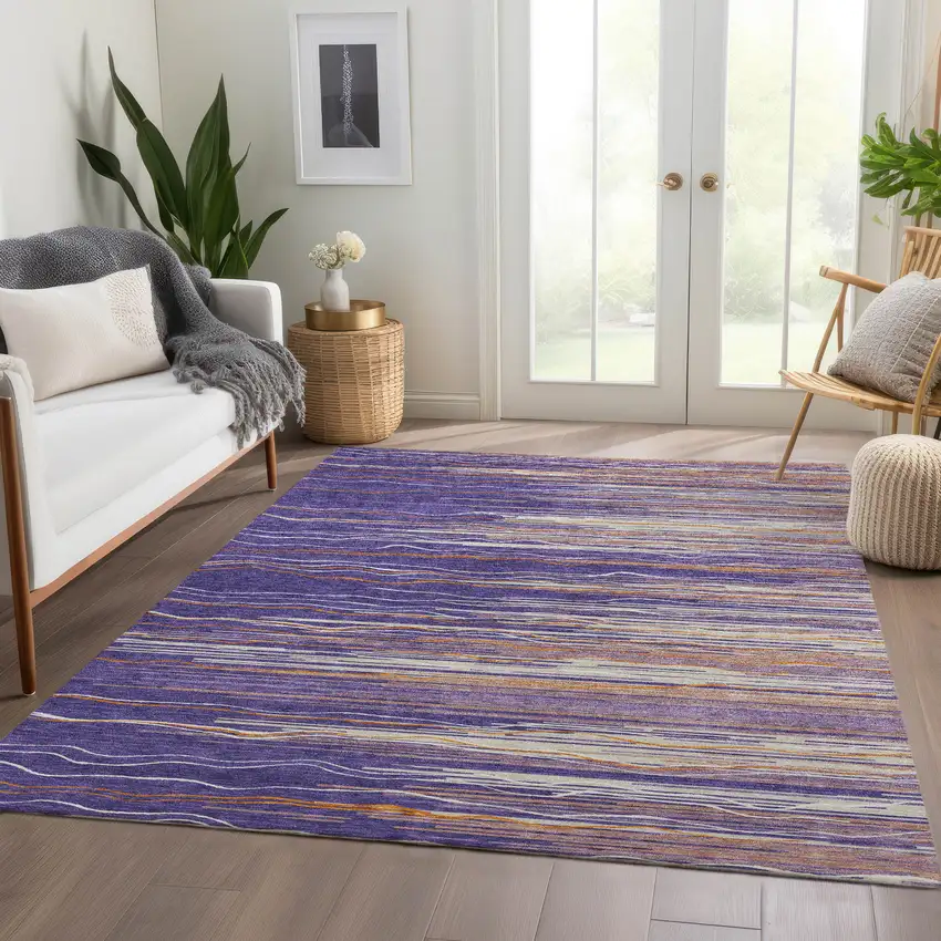 Purple Orange And Ivory Striped Washable Area Rug With UV Protection Photo 5