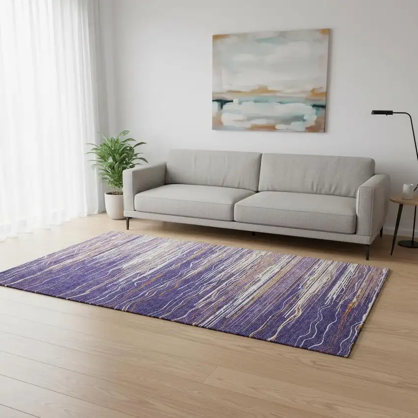 Purple Orange And Ivory Striped Washable Area Rug With UV Protection Photo 2