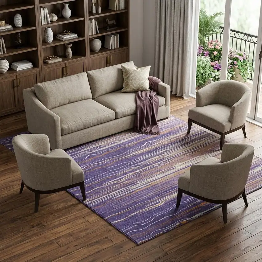 Purple Orange And Ivory Striped Washable Area Rug With UV Protection Photo 1