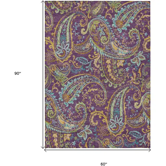 Purple Turquoise and Gold Paisley Washable Non Skid Indoor Outdoor Area Rug Photo 3