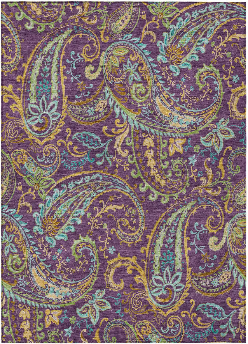Purple Turquoise and Gold Paisley Washable Non Skid Indoor Outdoor Area Rug Photo 2