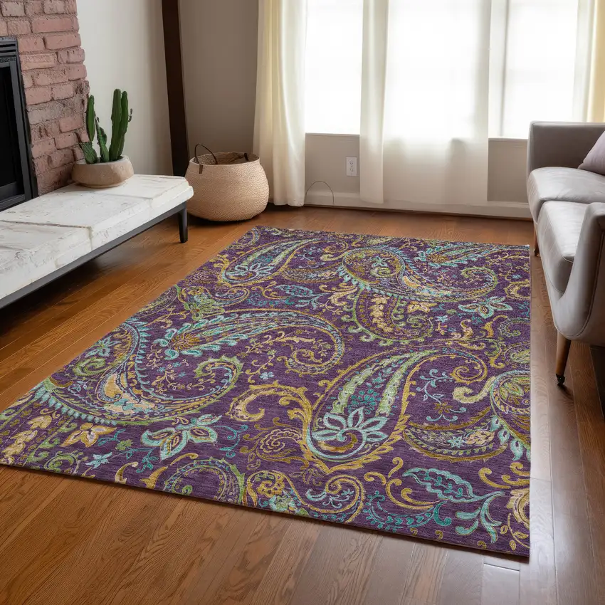 Purple Turquoise and Gold Paisley Washable Non Skid Indoor Outdoor Area Rug Photo 9