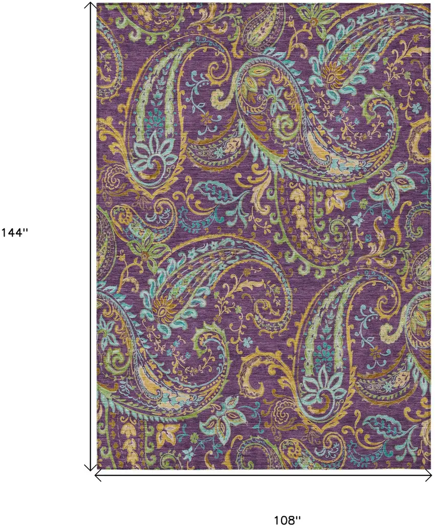 Purple Turquoise and Gold Paisley Washable Non Skid Indoor Outdoor Area Rug Photo 3