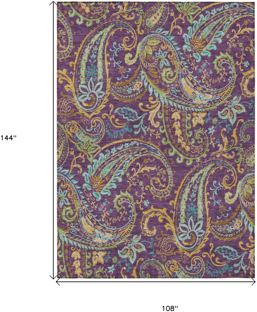 Purple Turquoise and Gold Paisley Washable Non Skid Indoor Outdoor Area Rug Photo 3