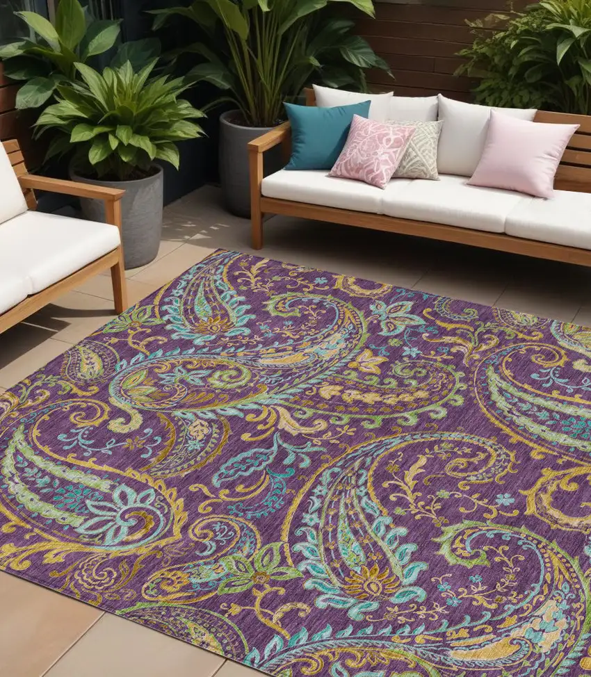 Purple Turquoise and Gold Paisley Washable Non Skid Indoor Outdoor Area Rug Photo 1