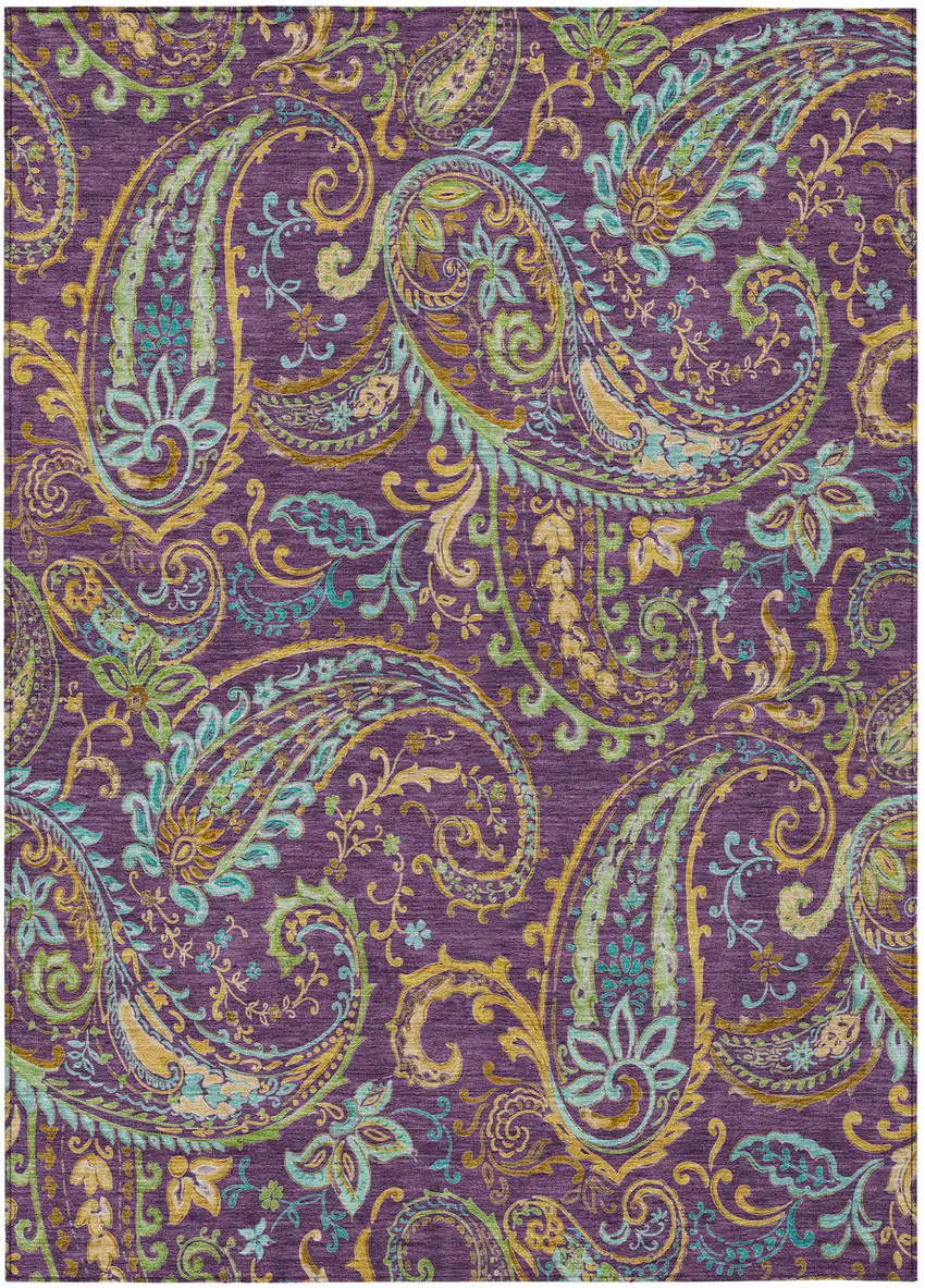 Purple Turquoise and Gold Paisley Washable Non Skid Indoor Outdoor Area Rug Photo 2