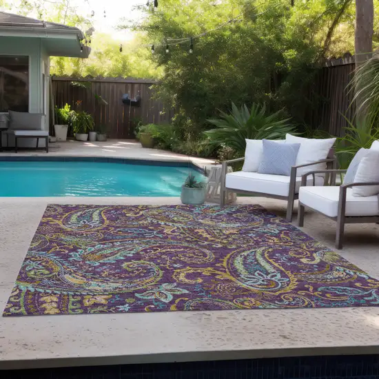 Purple Turquoise and Gold Paisley Washable Non Skid Indoor Outdoor Area Rug Photo 9
