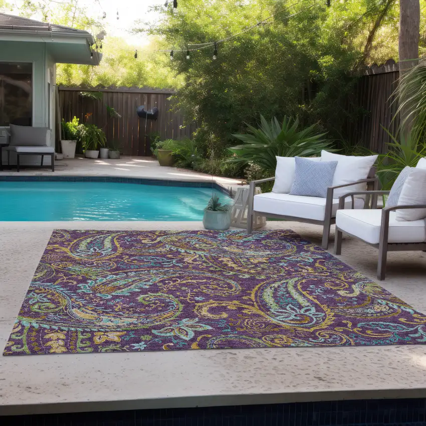 Purple Turquoise and Gold Paisley Washable Non Skid Indoor Outdoor Area Rug Photo 9