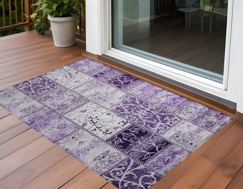 Purple Patchwork Washable Non Skid Indoor Outdoor Area Rug Photo 1