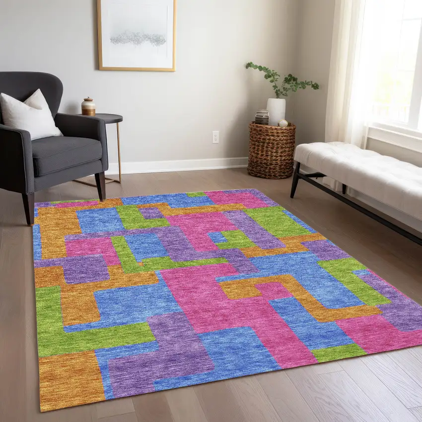 Purple Pink And Blue Abstract Washable Indoor Outdoor Area Rug Photo 9