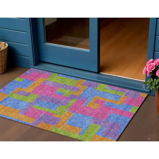 Purple Pink And Blue Abstract Washable Indoor Outdoor Area Rug Photo 1
