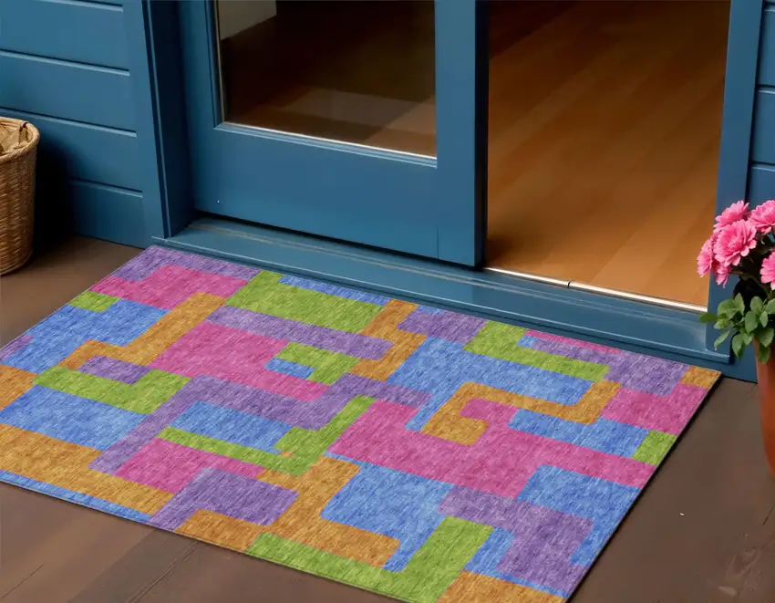 Purple Pink And Blue Abstract Washable Indoor Outdoor Area Rug Photo 1