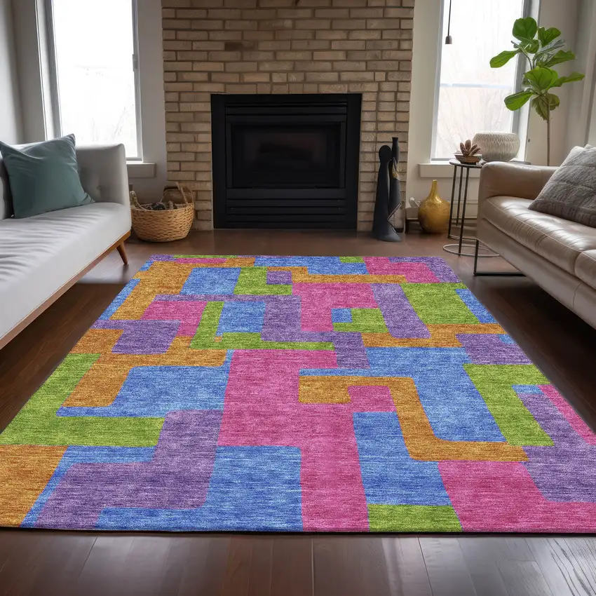 Purple Pink And Blue Abstract Washable Indoor Outdoor Area Rug Photo 8