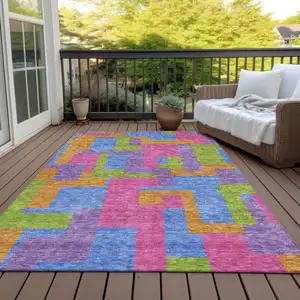 Photo of Purple Pink And Blue Abstract Washable Indoor Outdoor Area Rug