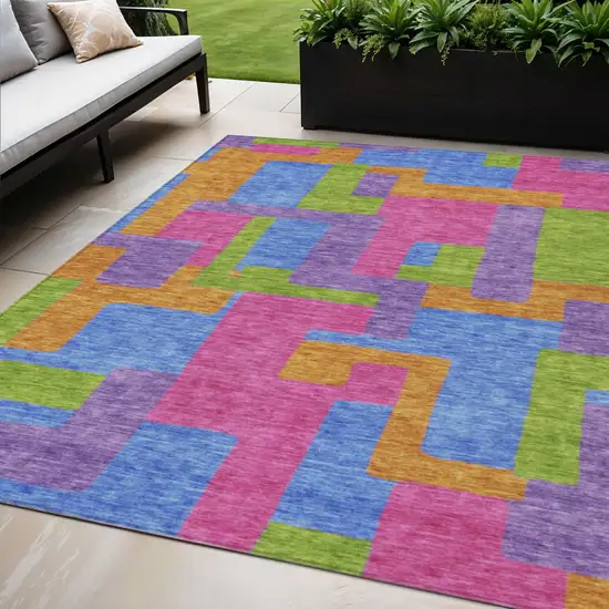 Purple Pink And Blue Abstract Washable Indoor Outdoor Area Rug Photo 1