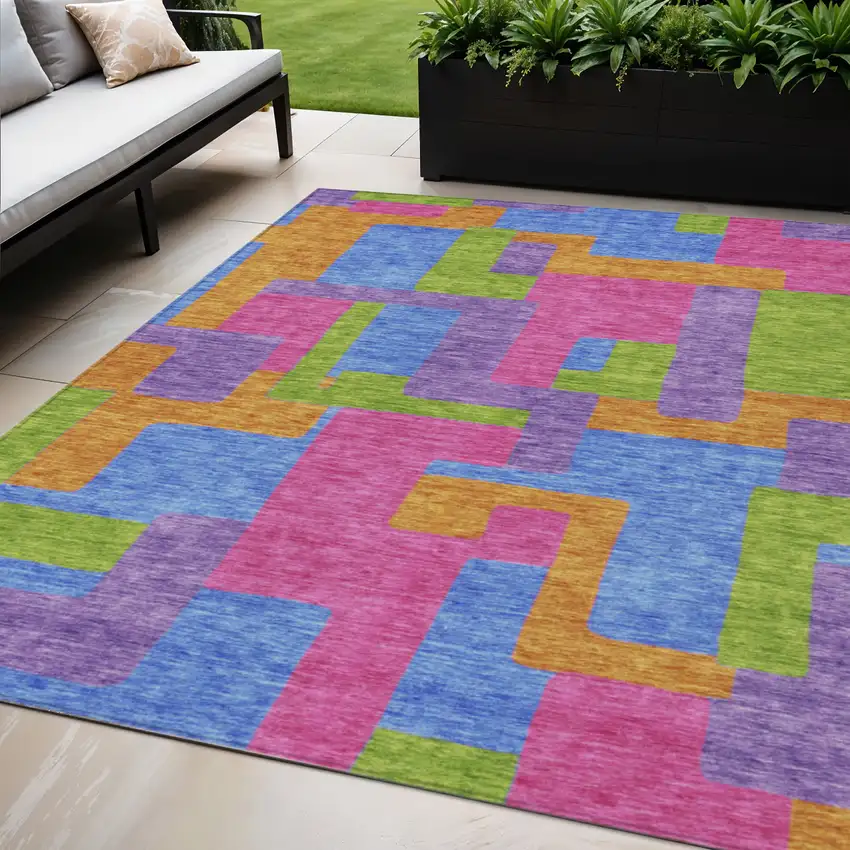 Purple Pink And Blue Abstract Washable Indoor Outdoor Area Rug Photo 1
