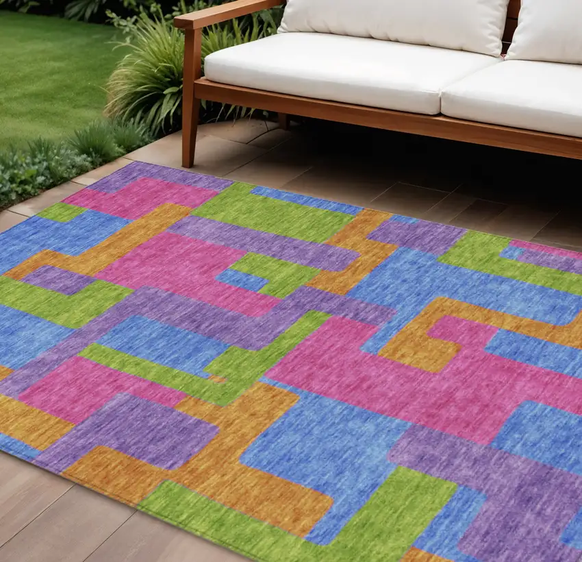 Purple Pink And Blue Abstract Washable Indoor Outdoor Area Rug Photo 1