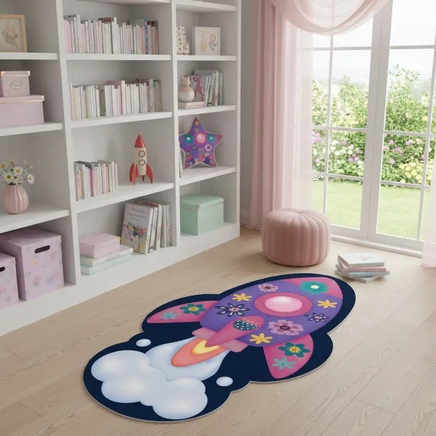 Purple Pink And Blue Spaceships Youthful Washable Area Rug Photo 1