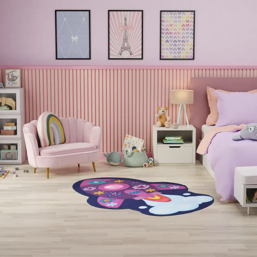 Purple Pink And Blue Spaceships Youthful Washable Area Rug Photo 6