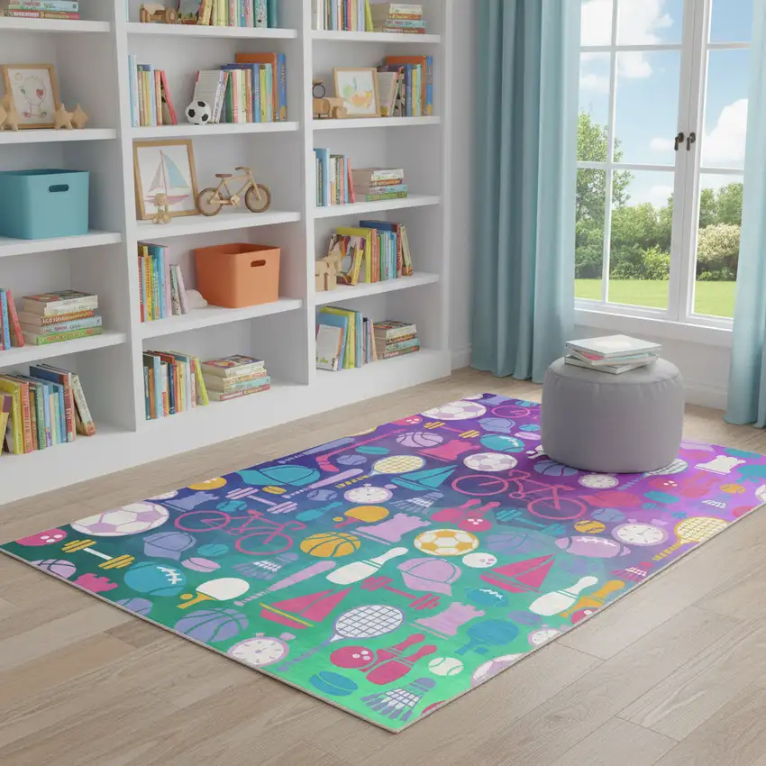 Purple Pink And Blue Sports Youthful Washable Area Rug Photo 1