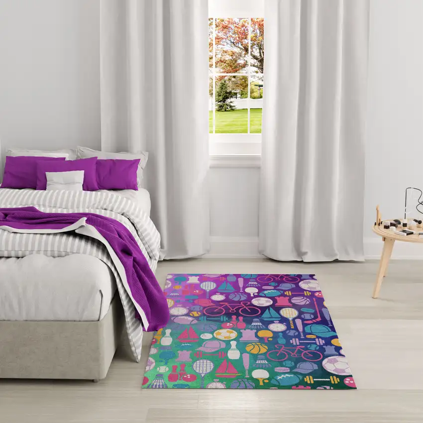 Purple Pink And Blue Sports Youthful Washable Area Rug Photo 7