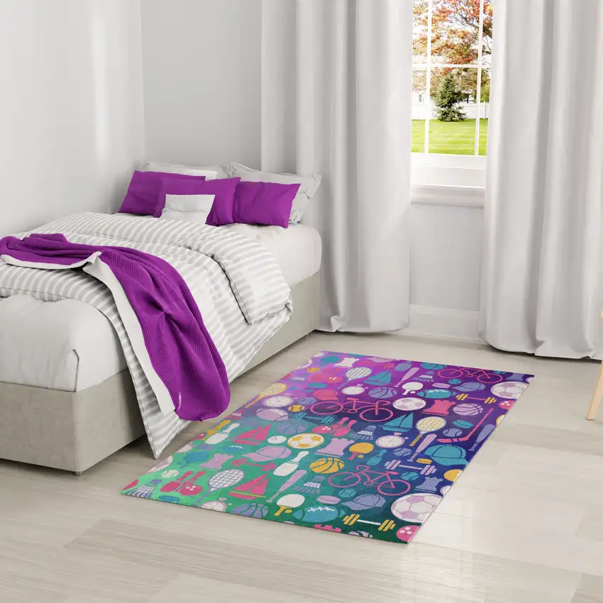 Purple Pink And Blue Sports Youthful Washable Area Rug Photo 6