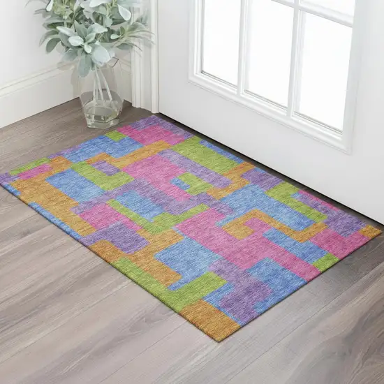Purple Pink And Green Abstract Geometric Washable Area Rug With UV Protection Photo 1