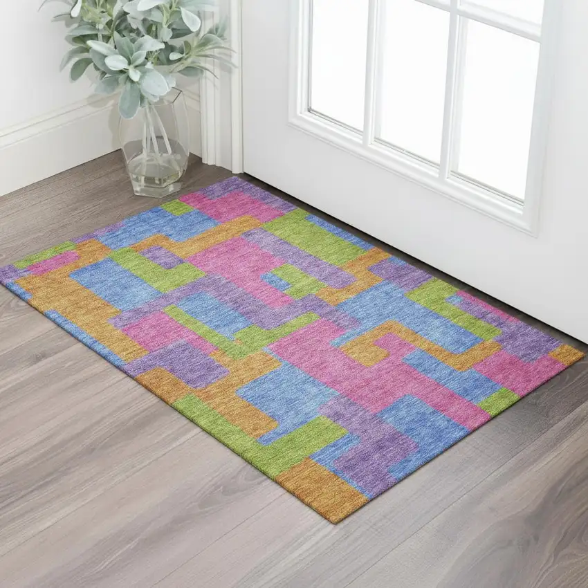 Purple Pink And Green Abstract Geometric Washable Area Rug With UV Protection Photo 1