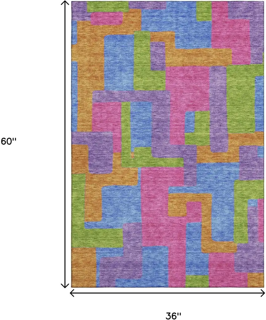 Purple Pink And Green Abstract Geometric Washable Area Rug With UV Protection Photo 3