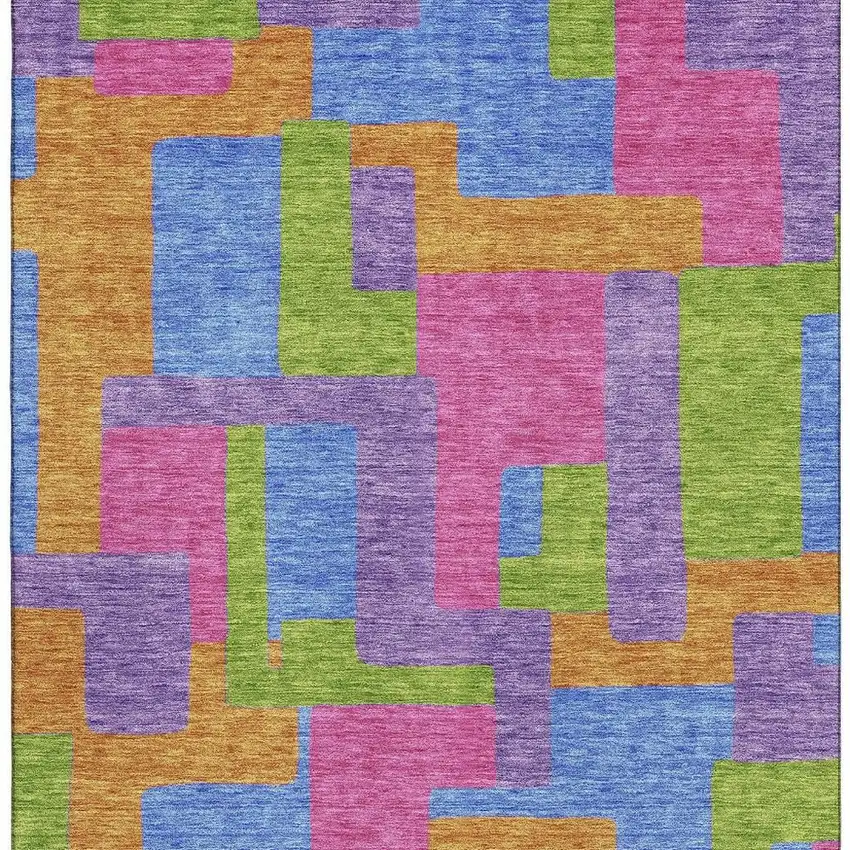 Purple Pink And Green Abstract Geometric Washable Area Rug With UV Protection Photo 3