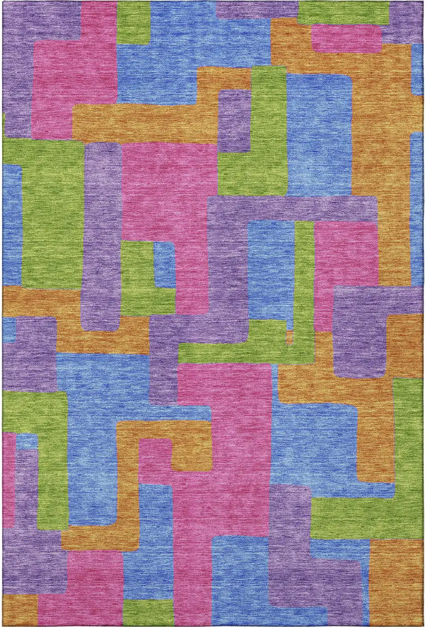 Purple Pink And Green Abstract Geometric Washable Area Rug With UV Protection Photo 4