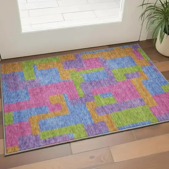 Purple Pink And Green Abstract Geometric Washable Area Rug With UV Protection Photo 2