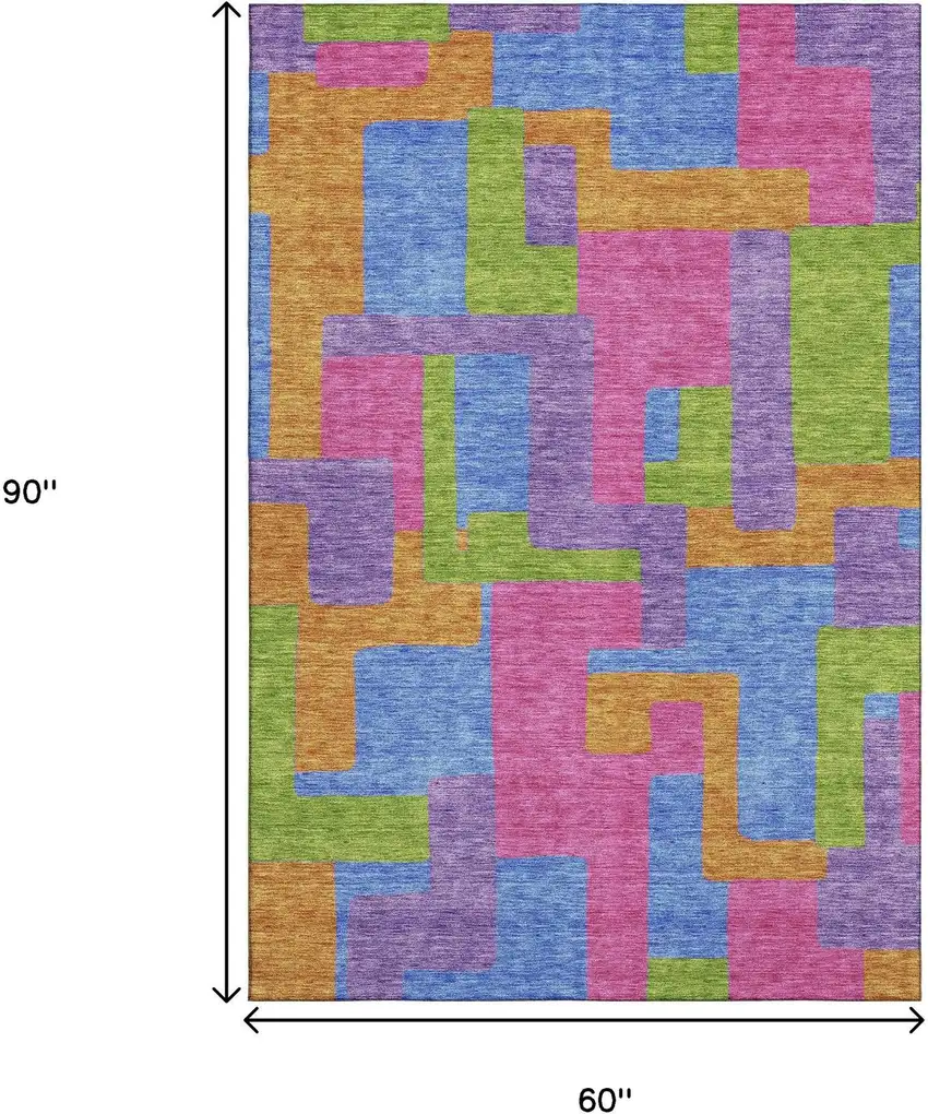 Purple Pink And Green Abstract Geometric Washable Area Rug With UV Protection Photo 3